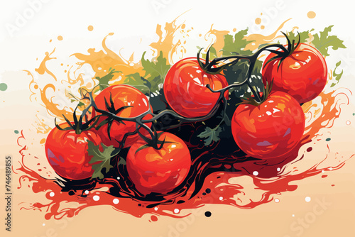 Red tomatoes with vine watercolor illustration