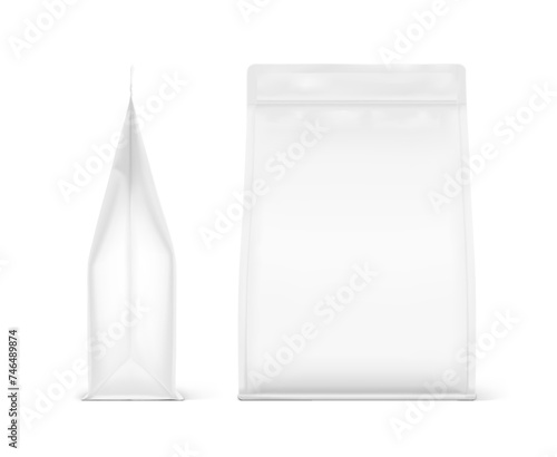 Vertical flat bottom gusset bag with zip lock mockup for food, sport nutrition. Front and side view. Vector illustration isolated on white background. Can be use for template your design. EPS 10.