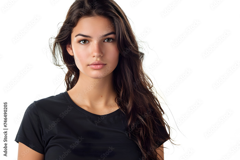 Blank Black T-Shirt Mockup on Female Model. Empty Shirt Template