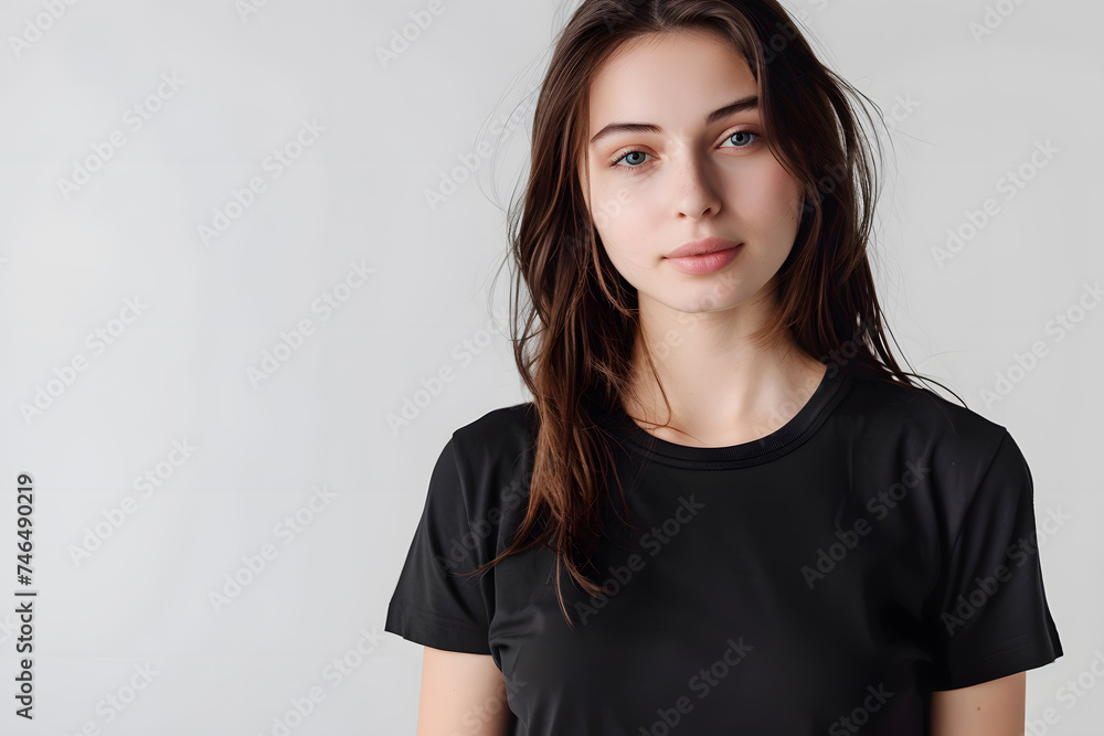 Blank Black T-Shirt Mockup on Female Model. Empty Shirt Template Blank Black T-Shirt Mockup on Female Model. Empty Shirt Template