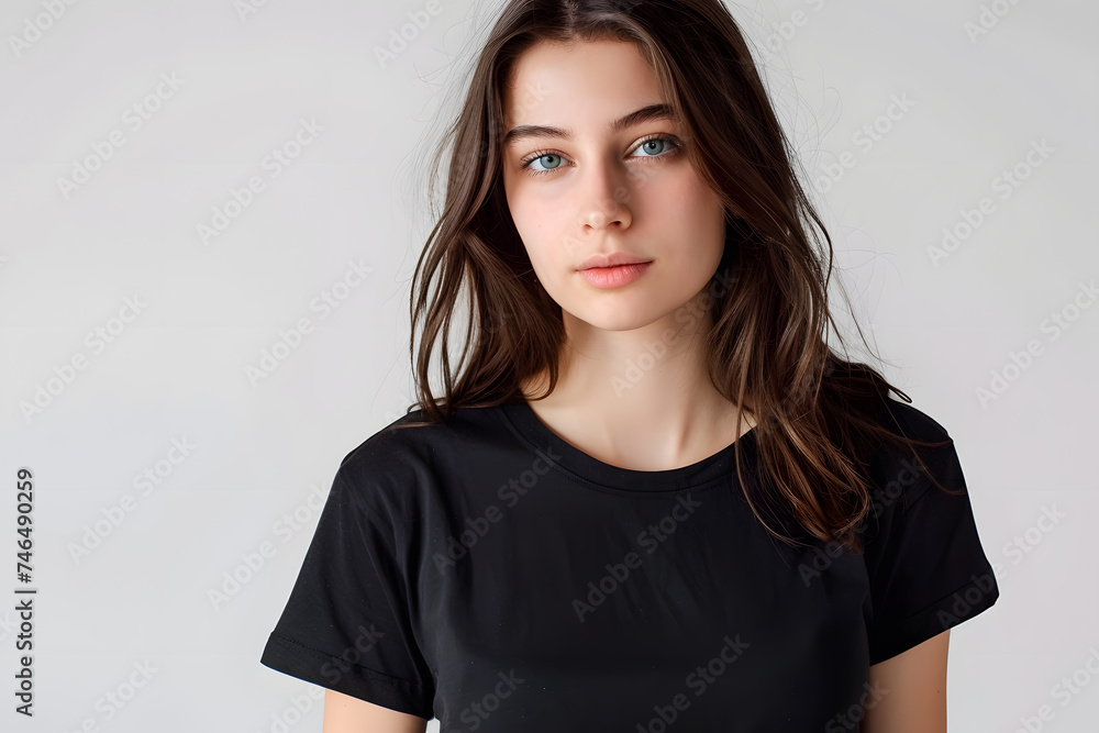 Blank Black T-Shirt Mockup on Female Model. Empty Shirt Template Blank Black T-Shirt Mockup on Female Model. Empty Shirt Template