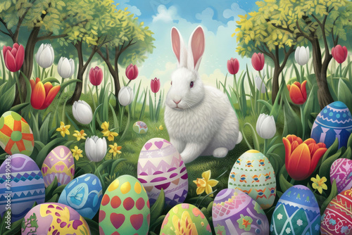 Bunny amidst colorful eggs and spring flowers