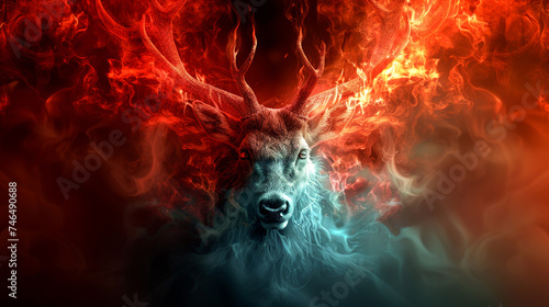 Exotic animals male deer under a radical aurora fire and ice   colors clash in fantastical realism
