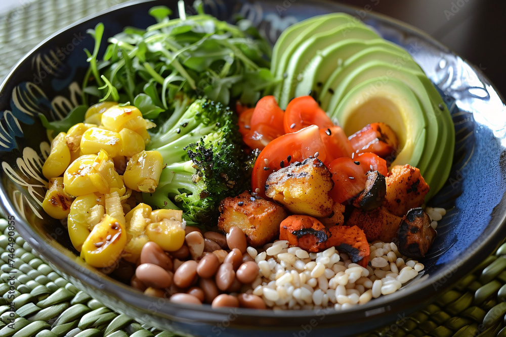 Colorful Vegetarian Grain Bowl with Avocado and Roasted Vegetables