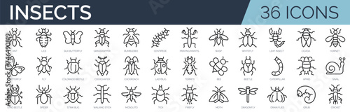 Set of 36 outline icons related to insects. Linear icon collection. Editable stroke. Vector illustration