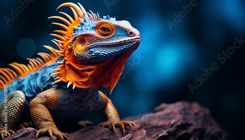 Blue-orange chameleon on a branch