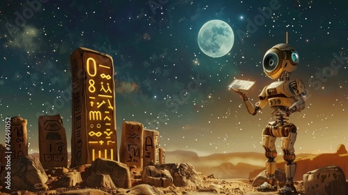 A robotic archaeologist decoding ancient hieroglyphs under a UFO illuminated sky with a backdrop of the moon and stars photo