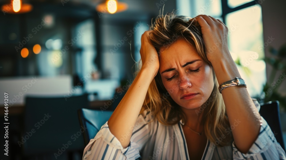 Woman with a headache, searching for relief Woman with a headache, searching for relief