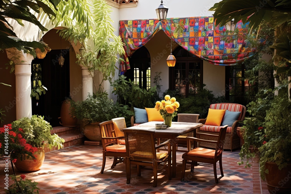 Obraz premium Spanish Courtyard Oasis: Woven Textiles Shading Outdoor Dining Areas