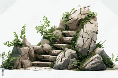 Cutout rock surrounded by fir trees and flowers. Garden design isolated on white background.