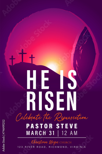 He is risen, Easter Sunday church flyer design with Calvary, three crosses and open tomb. This template is perfect for an church event, festival or holiday. Vector illustration