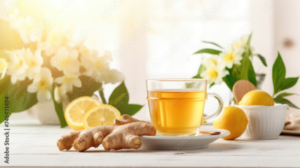 Healthy vitamin drink against cold with lemon, ginger, honey in a glass cup. Close-up. Healthy vitamin drink against cold with lemon, ginger, honey in a glass cup. Close-up.