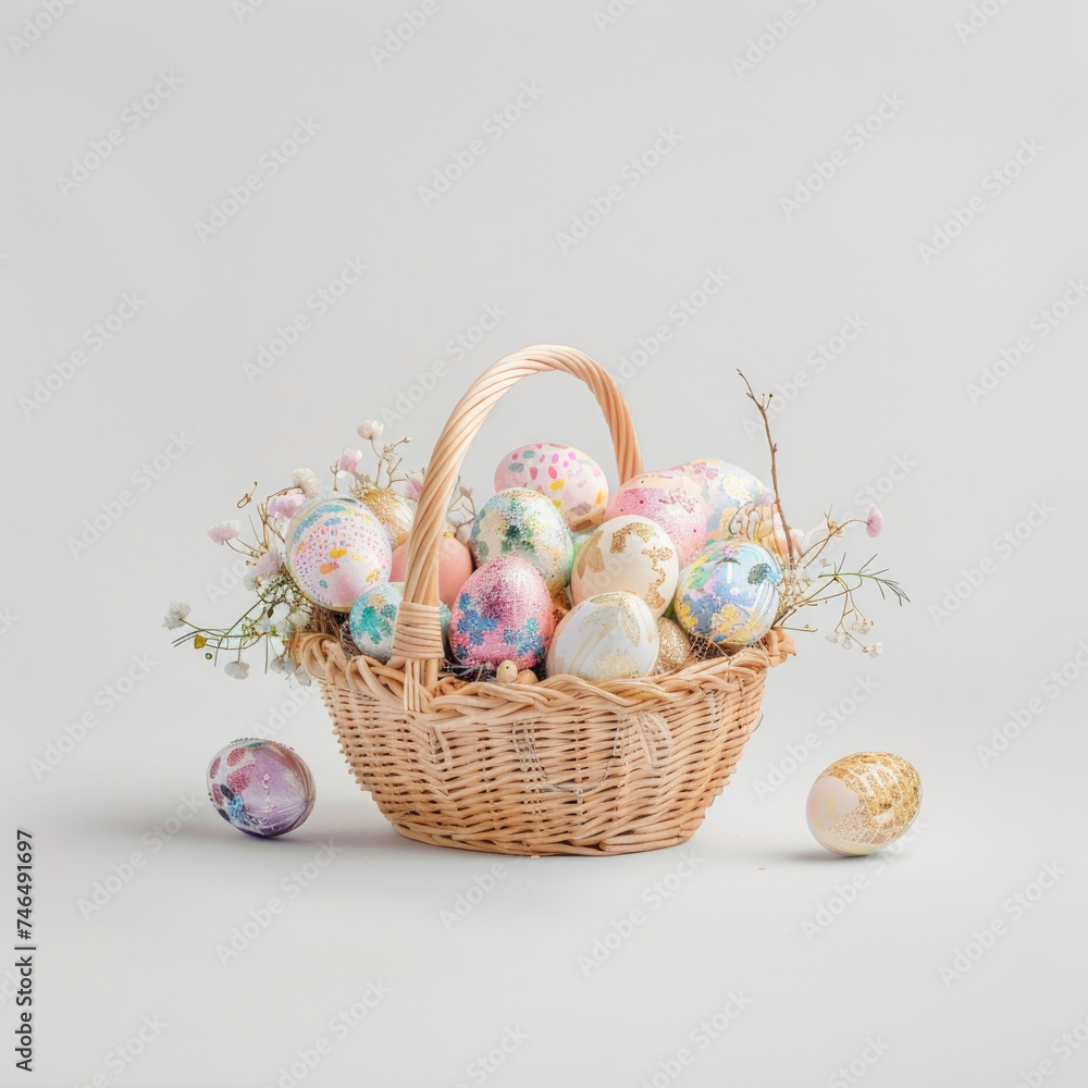 A colorful Easter basket filled with eggs on a white backdrop