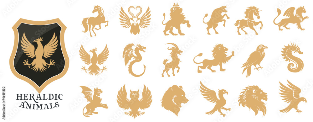 Heraldic animals set. Animals elements for heraldic symbols. Vector illustration.