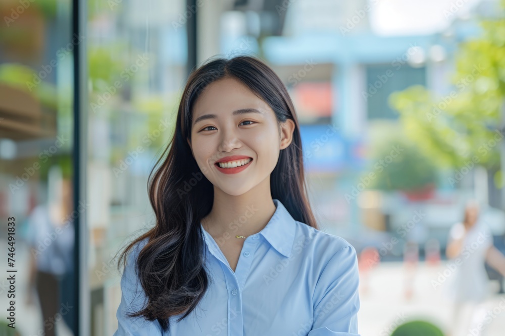 Smiling Asian woman in a blue shirt Smiling Asian woman in a blue shirt