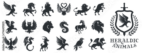 Heraldic animals set. Animals elements for heraldic symbols. Vector illustration.