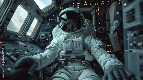 A man in a spacesuit sitting at the controls of an airplane, AI