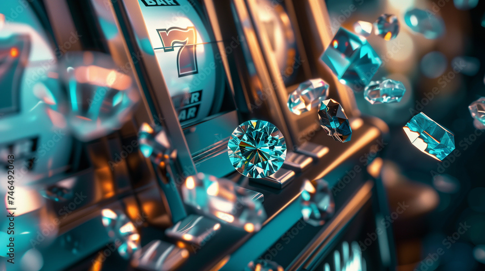 Slot machine with diamonds, luxury gambling, 3D render, vibrant teal.