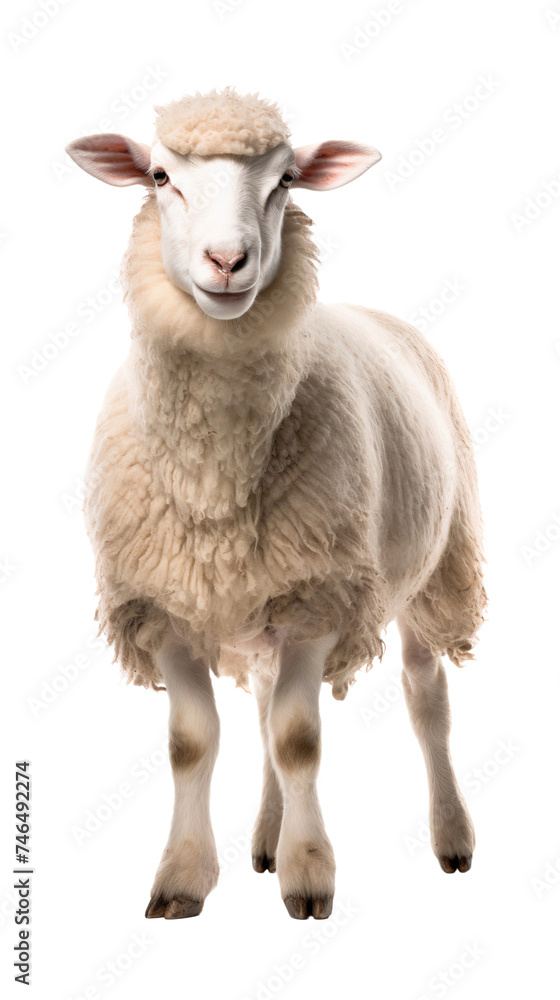 Portrait of a sheep front view, isolated on transparent background