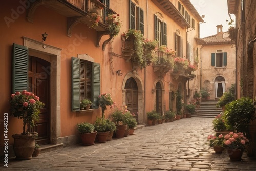 a narrow cobblestone street lined with potted plants, narrow and winding cozy streets in old Italian style. 