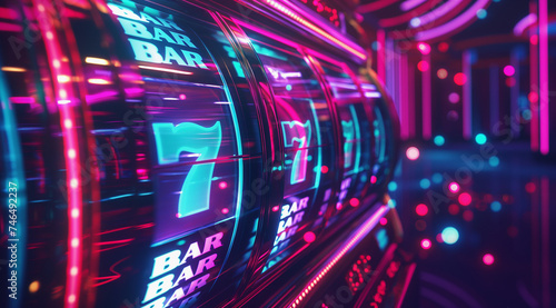 Neon casino slot machine, vibrant lights, 3D render, abstract style