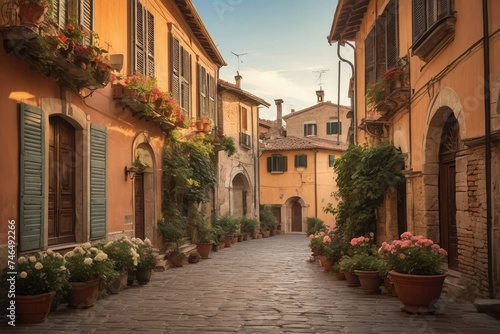 a narrow cobblestone street lined with potted plants, narrow and winding cozy streets, fantasy italy, running through italian town, baroque winding cobbled streets.  © Arman