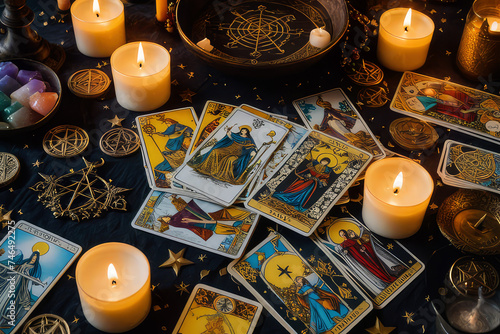 Tarot cards lie scattered and spread across a table top surrounded by candles and occult items.Generative AI
 photo