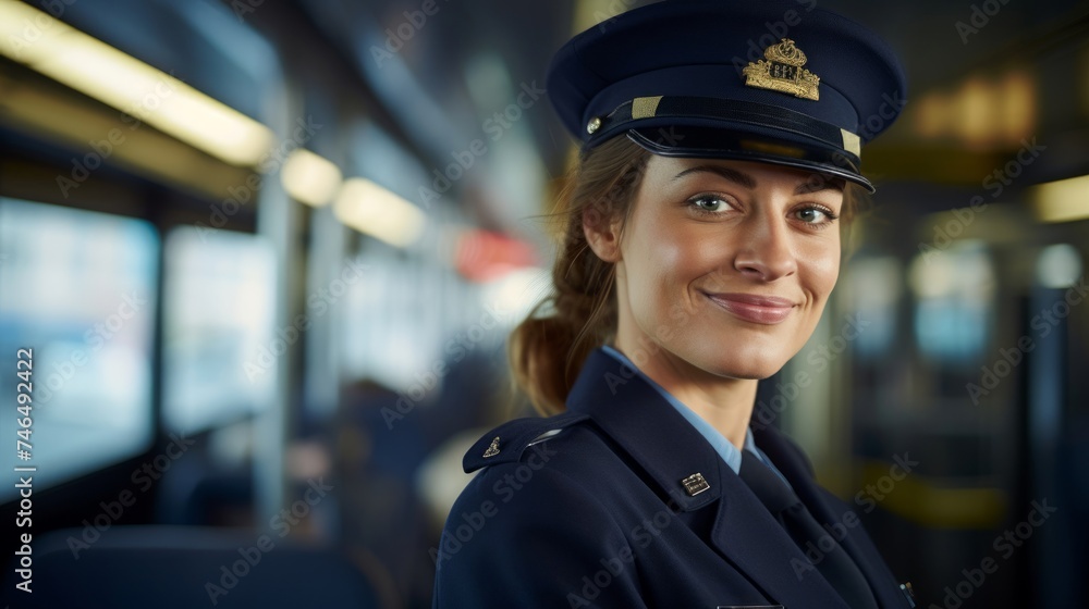 Portrait of professional female bus driver in uniform standing beside bus with passengers boarding natural daylight Portrait of professional female bus driver in uniform standing beside bus with passengers boarding natural daylight