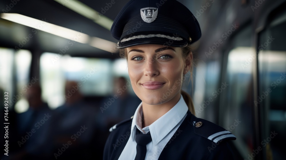 Professional female bus driver stands beside bus with passengers boarding Professional female bus driver stands beside bus with passengers boarding