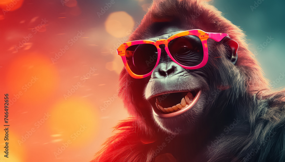 Gorilla in sunglasses on vacation in the tropics