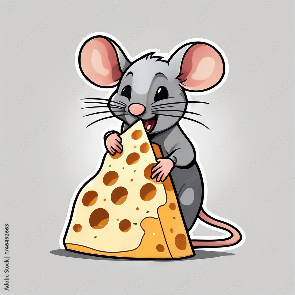 Flat logo style of a cute mouse holding a piece of cheese isolated on a solid color background. Animal nature icon concept in premium vector style.