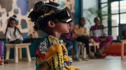 Child's Voyage into Virtual Storytelling, A child in vibrant African attire is immersed in a VR storytelling experience, with peers in soft focus observing in the background.