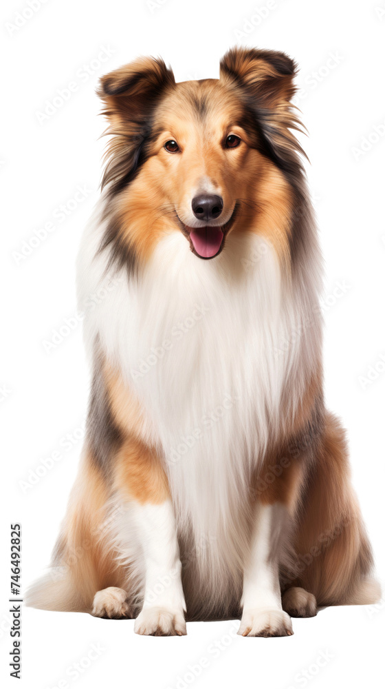 Rough collie puppy sitting, isolated on transparent background