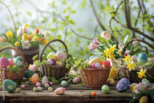 Colorful Easter baskets filled with eggs  flowers  and treats