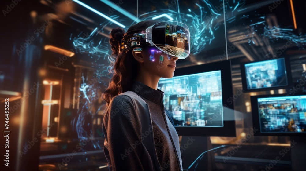 Naklejka premium Dedicated digital secretary analyzes virtual data with AR headset