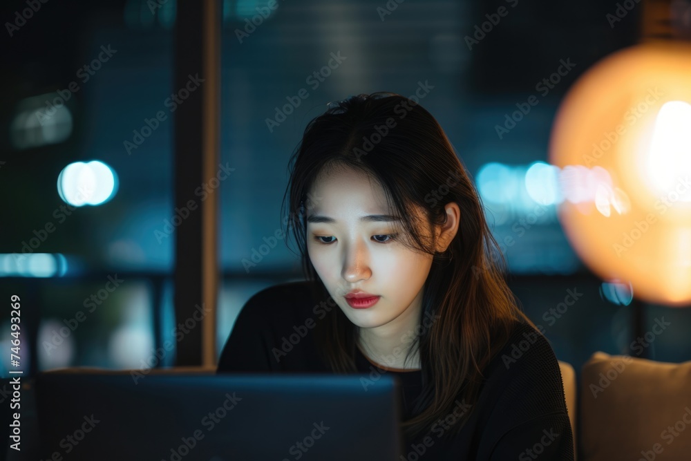 A young woman working on a laptop at night A young woman working on a laptop at night