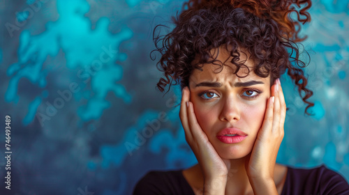 Young woman with curly hair and a worried expression holding her head in front of a blue background with copy space for text