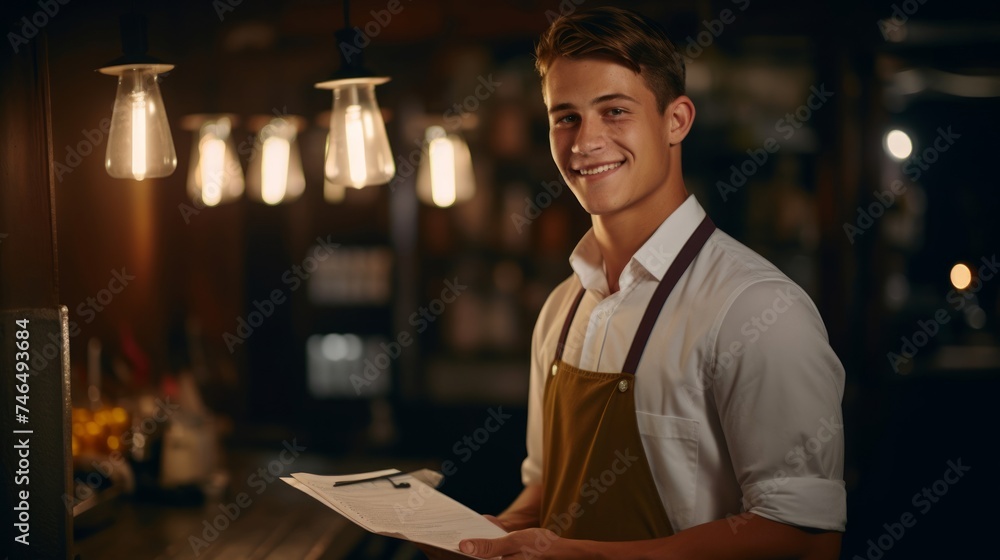 Young waiter holds menu in romantic bistro setting Young waiter holds menu in romantic bistro setting
