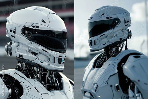 Man on the left in white alien cyborg warrior helmet, view of Nascar race track in far future in background. on the right the same cyborg full body long shot from the distance. Robots and the future