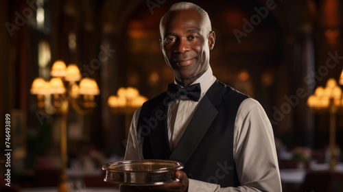Seasoned waiter in black vest holds silver tray in grand dining room