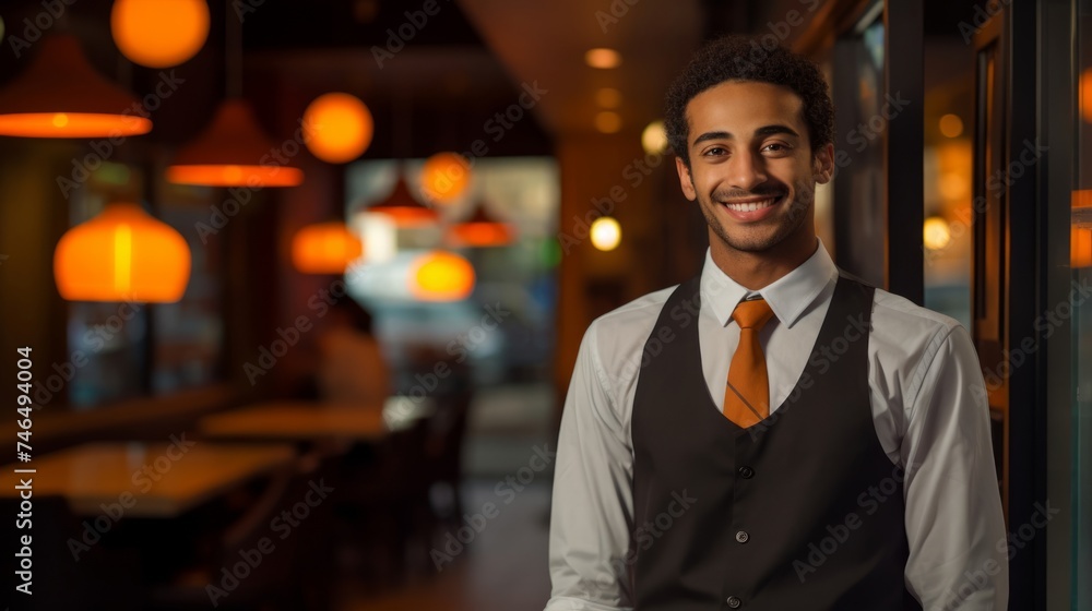 Fototapeta premium Close-up portrait of smiling waiter at restaurant entrance under soft lighting