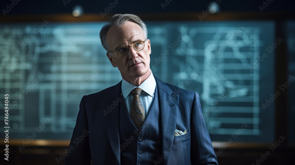Intense portrait of phonetics specialist at whiteboard formal attire Intense portrait of phonetics specialist at whiteboard formal attire