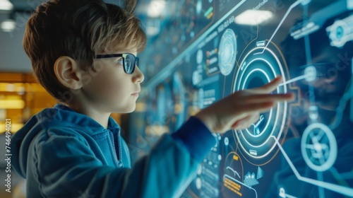 Prodigy Navigates Interactive Tech Universe, A young, bespectacled child engages with an advanced interactive display, symbolizing the seamless fusion of education and cutting-edge technology. photo