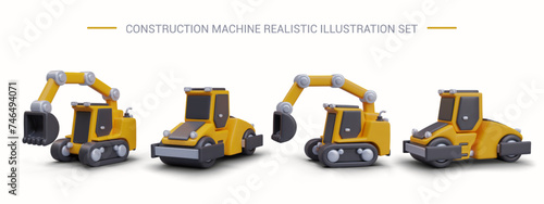 Set of heavy construction equipment. Road roller and excavator in different positions
