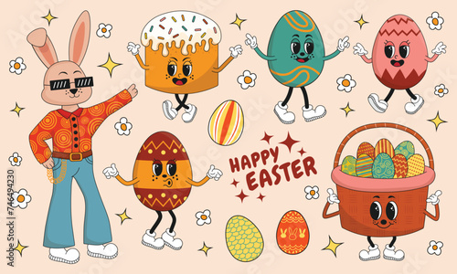 Collection of easter characters in hippie groovy style. Retro illustration set with easter mascots. Cool easter bunny, funny eggs and easter cake. Trendy old cartoon 60s 70s 80s style. 