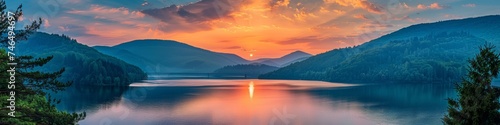 A beautiful sunset over a lake with mountains in the background, AI © Alexandr