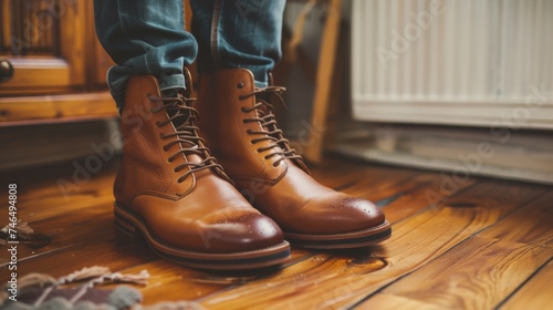 A person wearing brown boots standing on a wooden floor, AI photo