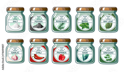 Set of spices and herbs in glass jar on isolated white background. Spices, seasonings in a glass jar isolated on white background. Vector illustration. Suitable for menu, recipe and cookbook 