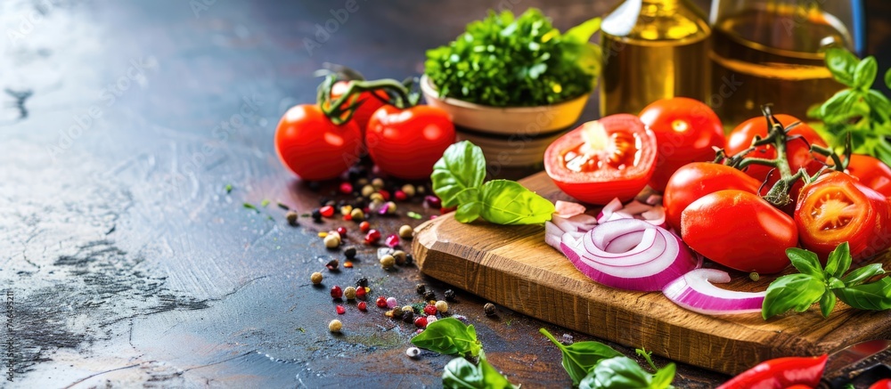 Fresh vegetable salad ingredients on cutting board made of olive wood Fresh vegetable salad ingredients on cutting board made of olive wood