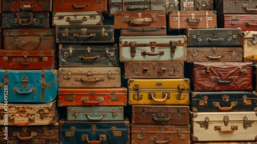 A large pile of suitcases stacked on top of each other, AI